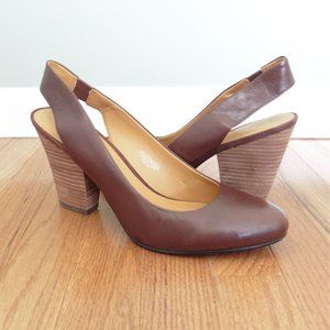 Nine West Women’s Size 11 Ollieo Brown Leather Sling Back Pumps Block Heel